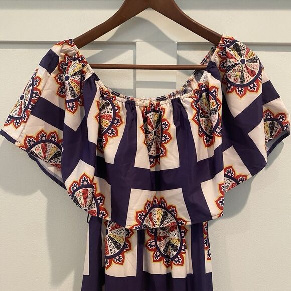 Boho Off Shoulder Maxi Dress Small Purple Geometric Folk Print Ruffle Festival - Picture 4 of 14